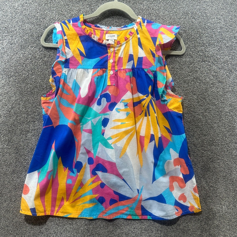 J Crew Tropical Floral Ruffle Popover Top Medium Petite Resort Summer Vacation